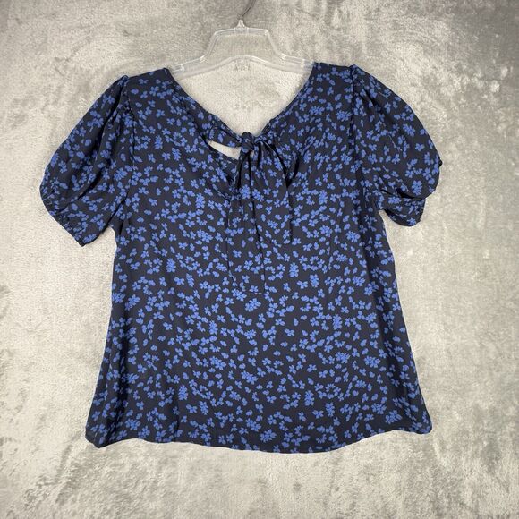 Lush Shirt Medium Blue Micro Floral Flower Michelle Tie Back Blouse Boho Peasant - Picture 3 of 9